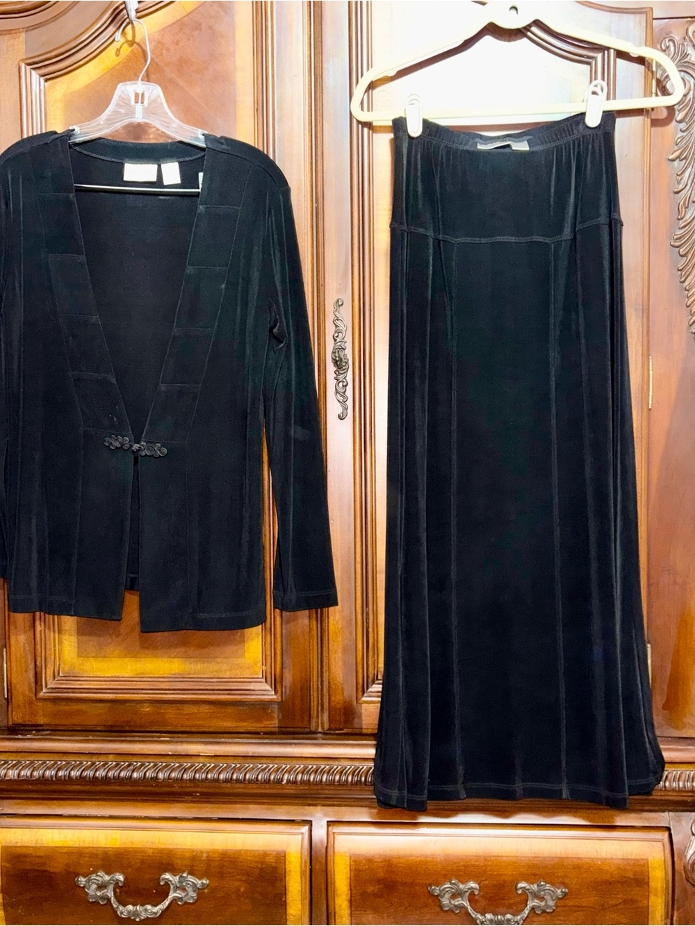 Chico's Black  Open-Front Blazer with Decorative Closure and Stretchy Maxi Skirt